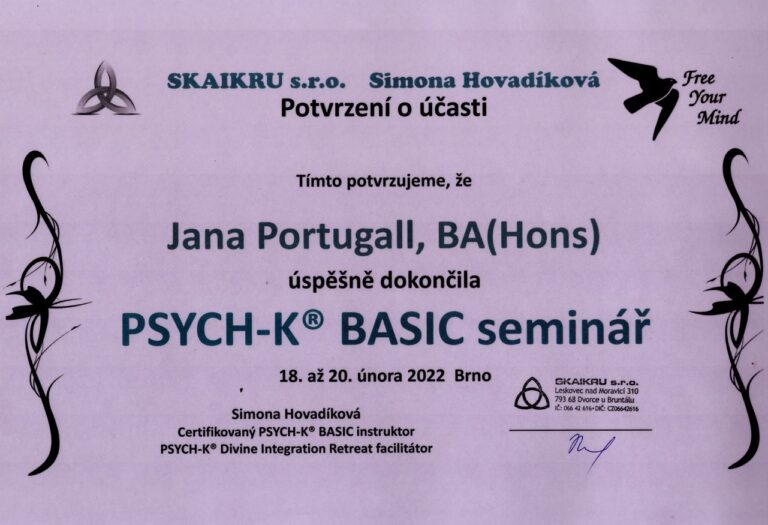 Certifikát Jana Portugall PSYCH-K® Basic seminár