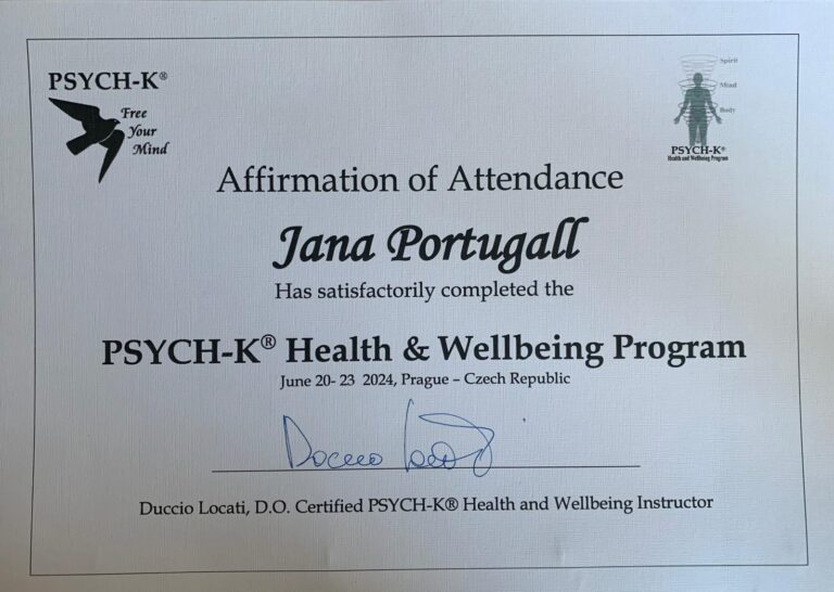 Certifikát Jana Portugall PSYCH-K® Health and wellbeing workshop